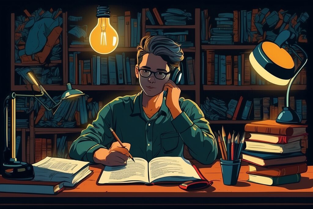 Default An illustration of a student sitting at a desk surroun 0 Membangun Kerangka Teori Skripsi Cepat dan Mudah