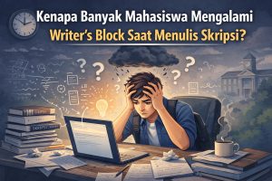 Mahasiswa terlihat bengong di depan laptop karena overthinking skripsi dan takut salah