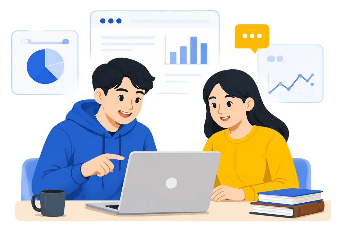 Ilustrasi mahasiswa Bimbingan Olah Data sementara diskusi
